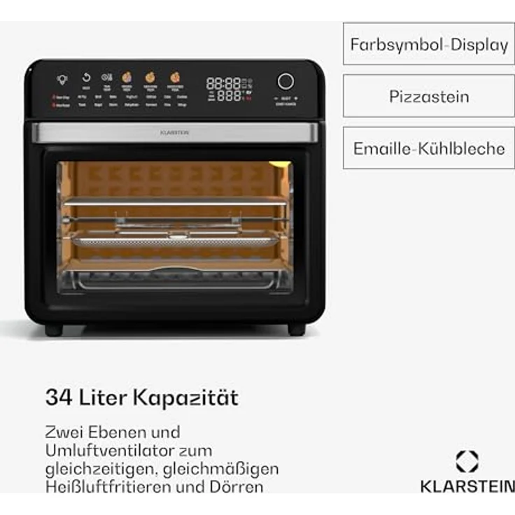 Klarstein AirGlaze Digital Heißluftfritteuse – 34 L, 2200 W, 19 Programme, Rotisserie, Touch Display, Pizzastein & Grillroste, Doppelt Verglaste Tür, Schwarz – Bild 2