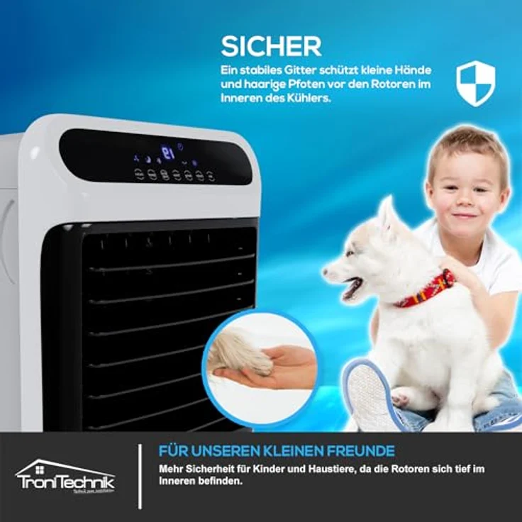 TroniTechnik Ventilatorkombigerät LK06 Aircooler, 10L Wassertank, 5in1 Ventilator, Ionisator, Fernbedienung, Timer, Kühlakku, Oszillation, Weiß – Bild 8