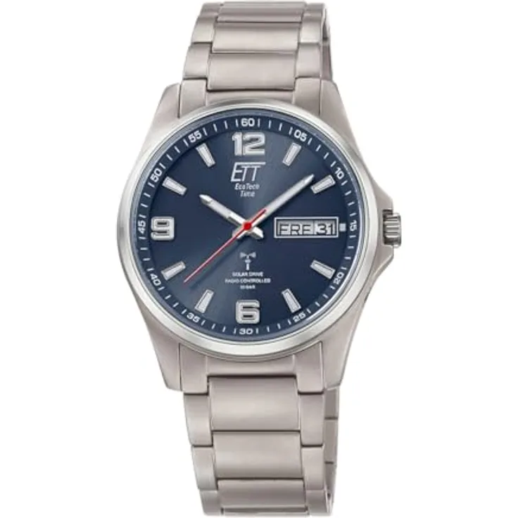 ETT Eco Tech Time EGT-11602-31M Herren Uhr, Solar Funkuhr aus Titan mit rotem Sekundenzeiger, Silbernes Titanarmband, blaues Ziffernblatt