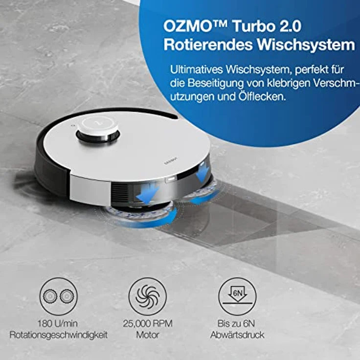 Ecovacs Deebot X1 Turbo Saugroboter mit Wischfunktion und Absaugstation, 180 min Akkubetrieb, rotierender Wischausatz, weiß – Bild 6