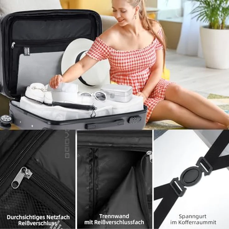 BEIBYE Kofferset, Hartschale Trolley Reisekoffer mit 4 Zwillingsrollen, 360° System, integriertes Sicherheits-Zahlenschloss, Größe M (55x34x22cm) in Dunkelgrey – Bild 4