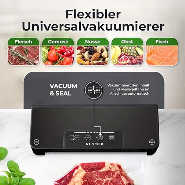 KLAMER Vakuumierer Classic Pro 80 - Vakuumierer für trockene oder feuchte Lebensmittel, 110W, Temp.-Überwachung, Cutter, Rollenfach, 0,8 bar starke Pumpe – Bild 2