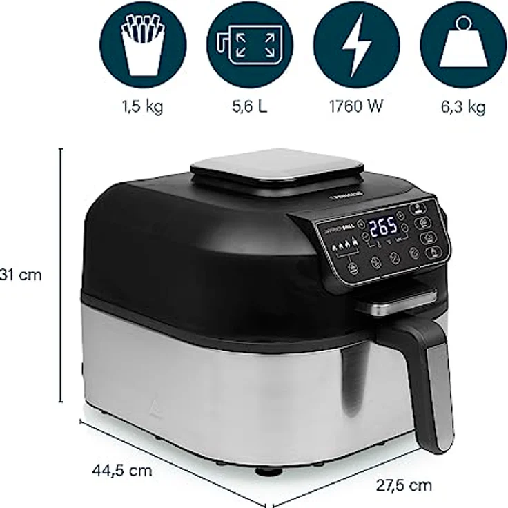 Princess 01.182092.01.001 Airfryer Grill - 4 Programme - Max 265°C - Includes Thermometer - 1760W - Silver/Black – Bild 3