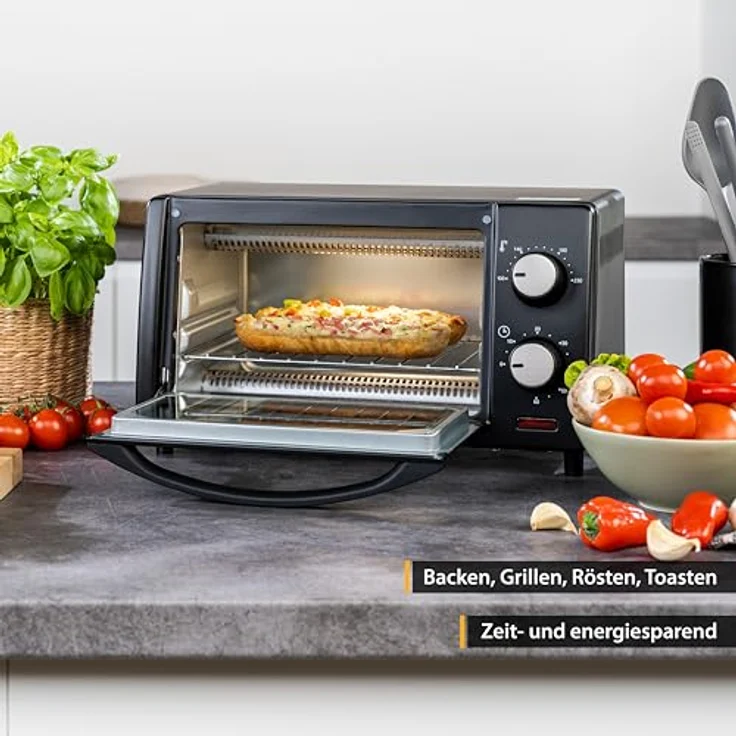 TZS First Austria 10 Liter Minibackofen, 800 Watt, bis 230 Grad, stufenlose Temperaturregelung, 60 Minuten Timer, 2 Einschubhöhen, Doppelglastür, Mini Ofen – Bild 3