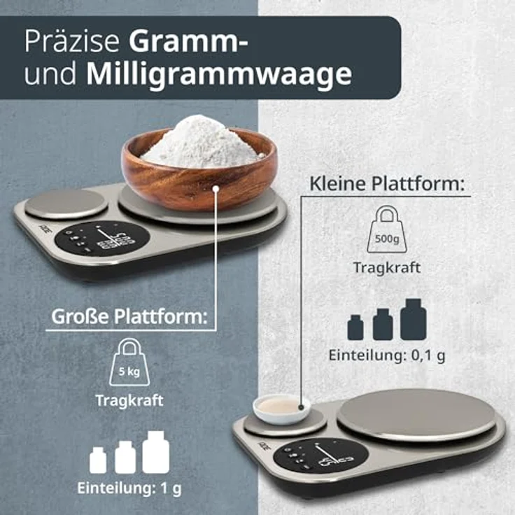 ADE Küchenwaage digital 5kg/1g & 500g/0,1g, duale Präzisionswaage mit Edelstahloberfläche, ideal zum Brot backen und Kaffeewaage – Bild 2