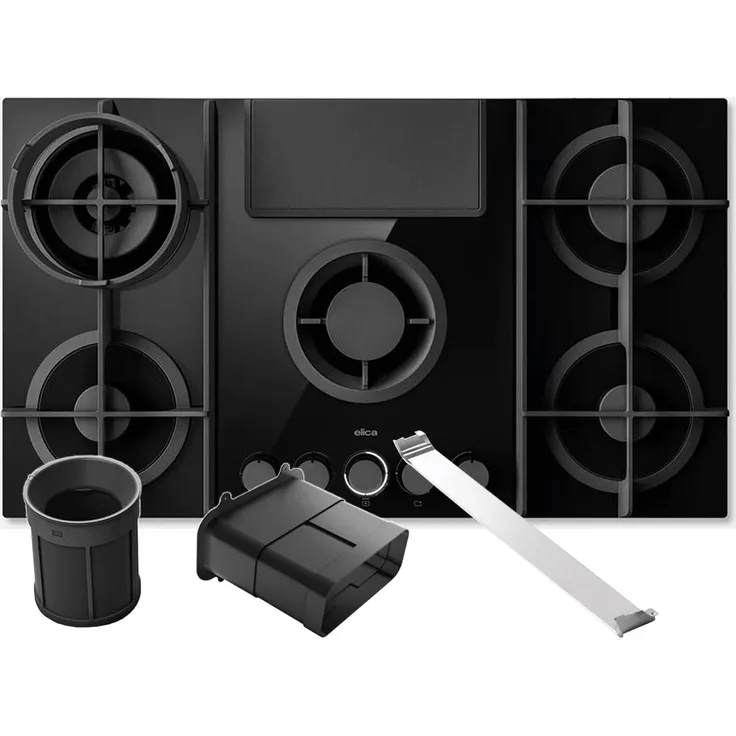 Elica NikolaTesla Flame Evo PRF0196341, Gaskochfeld mit Dunstabzug, 4 Brenner, schwarze Keramikglas, inkl. Umluftset KIT0199838