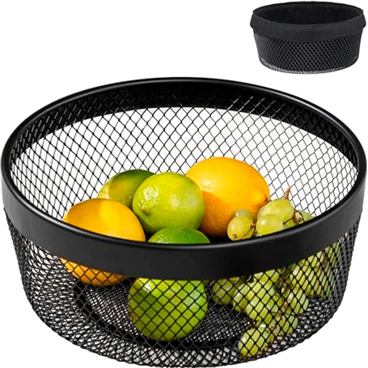 eluno Obstkorb - Brotkorb, moderne Obstschale aus schwarzem Metall mit abnehmbarem waschbarem Bezug - Luftzirkulation für längere Frische Ø ca. 25 x 11 H cm