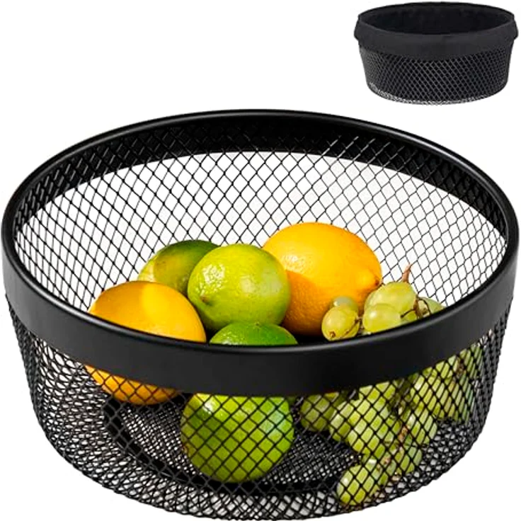 eluno Obstkorb - Brotkorb, moderne Obstschale aus schwarzem Metall mit abnehmbarem waschbarem Bezug - Luftzirkulation für längere Frische Ø ca. 25 x 11 H cm – Bild 1