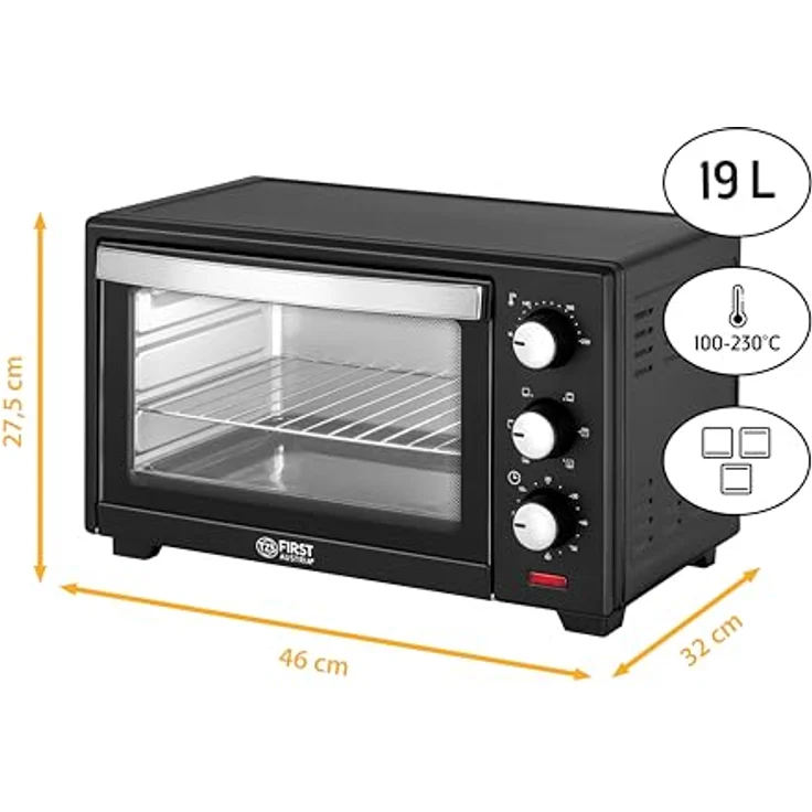 TZS First Austria 20 Liter Minibackofen mit 1380 Watt schwarz | Unter-Oberhitze bis 230 Grad stufenlose Temperaturregelung | 60 Minuten Timer | Doppelglastür | Mini Ofen | Krümelblech – Bild 3
