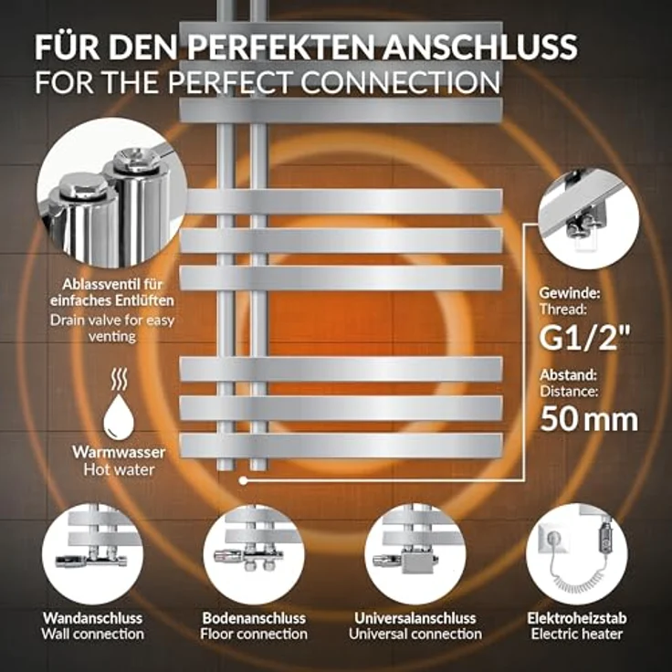 LuxeBath Elektrischer Badheizkörper Iron EM 500x1200 mm Chrom, 1200W Heizstab mit Digitalthermostat, Handtuchwärmer und Designheizkörper – Bild 5