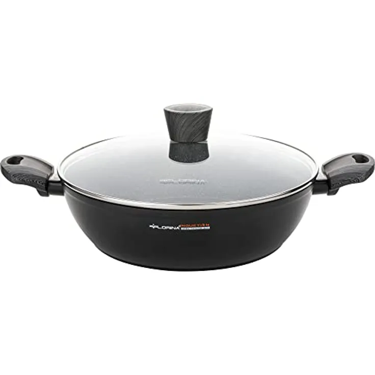 Florina Bono Niedriger Kochtopf 28cm Induktion, 3,8L, Aluminium, FULL INDUCTION Boden, Glasdeckel, Antihaftbeschichtung PFOA-frei Marmor, Geeignet für alle Herdarten, Vitrokeramik, Elektro, Gas