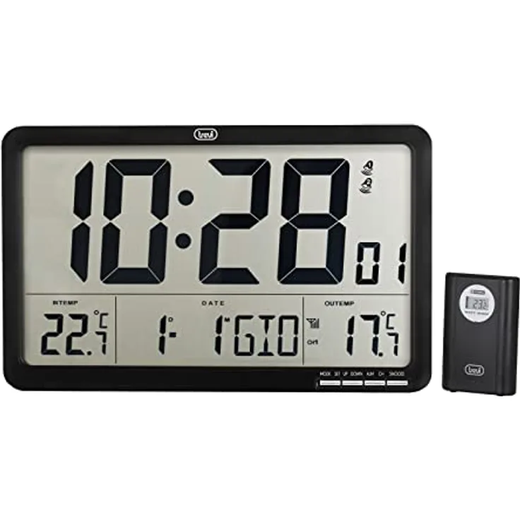 Trevi OM 3560 RC, Digitale Wanduhr mit Aussensensor, programmierbarem Wecker, Kalender und Thermometer, 22.50 cm