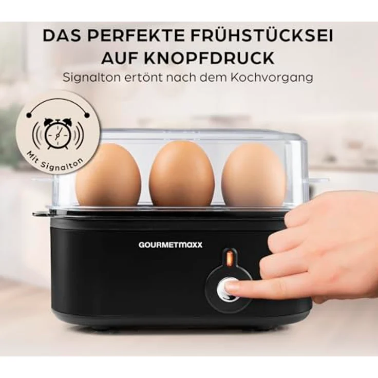 GOURMETmaxx Eierkocher für 3 Eier, kompakt mit Eierstecher und 3 Härtegraden, Schwarz – spülmaschinenfeste Teile – Bild 2
