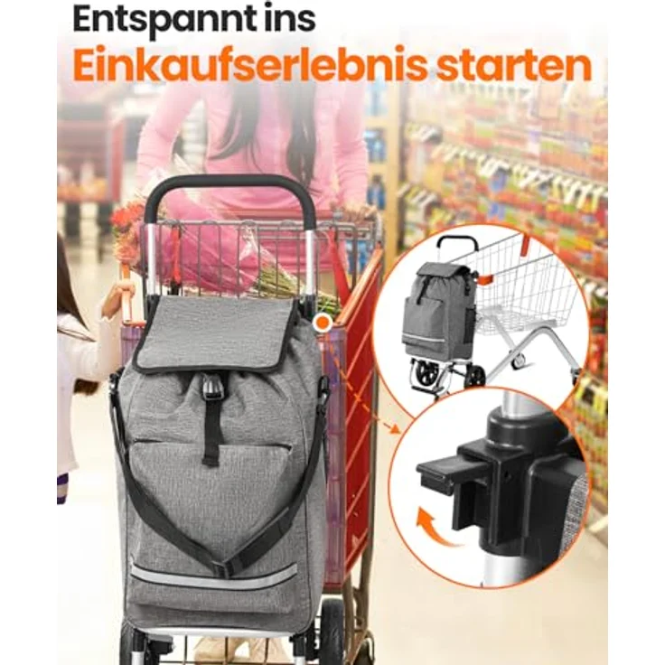 HOMECALL Einkaufstrolley klappbar 3 in 1 mit Kühltasche, 55L Kapazität, 50kg Tragkraft, Treppensteiger-Räder, ergonomic Griff, grau – Bild 4