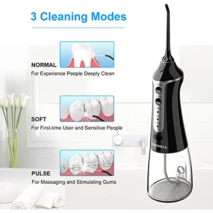 TUREWELL FC1591 Munddusche,Elektrisch zahnzwischenraumreiniger mit 3 Modi und 5 Düsen,IPX7 Wasserdicht 300ML Munddusche Kabellos,Tragbarer Aufladbarer water flosser für Familie und Reisen – Bild 3