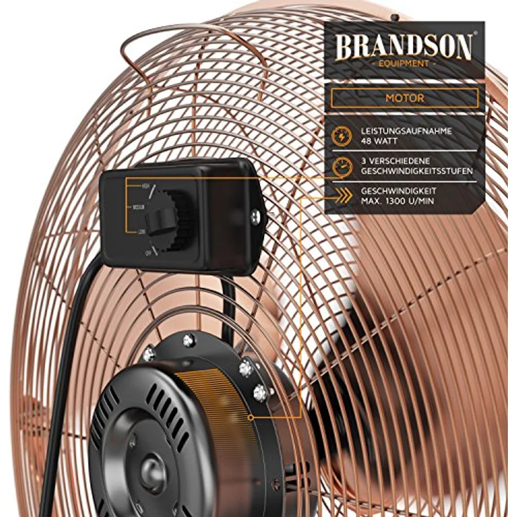 Brandson Windmaschine Retro Stil - Ventilator in Kupfer - Standventilator 30cm - Tischventilator Bodenventilator - hoher Luftdurchsatz - robuster Stand - stufenlos neigbarer Ventilatorkopf - Kupfer – Bild 5