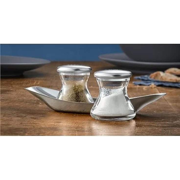 WMF Wagenfeld Streuer Set, Max und Moritz 3-teilig, mit Teller Salzsteuer Pfefferstreuer Glas, Cromargan Edelstahl mattiert spülmaschinengeeignet, H 6 cm – Bild 3