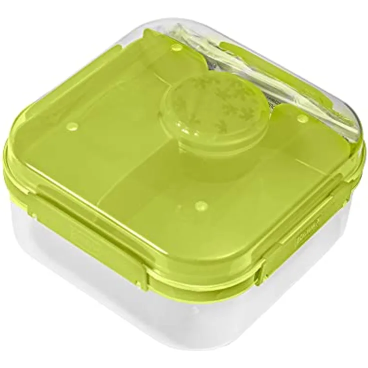 BranQ - Home essential - praktische Lunchbox 1,6l LIDO mit Besteck(Gabel und Messer) und einem Schraubverschlussbehälter für Sauce oder Nüsse, BPA-frei, perfekt für Salate und Snacks, Grün