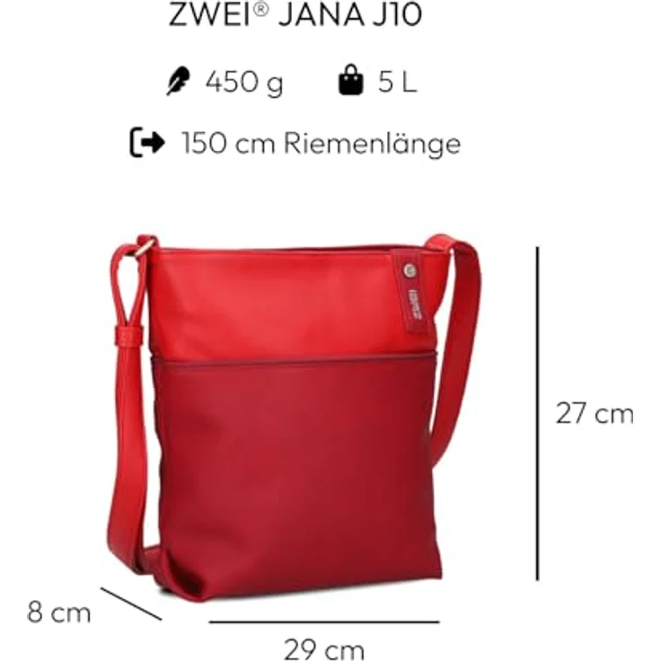 ZWEI Beuteltasche Jana J10, Kunstleder, geräumiges Hauptfach, rückseitiges Reißverschlussfach, herausnehmbares Etui, Rot Damen – Bild 2