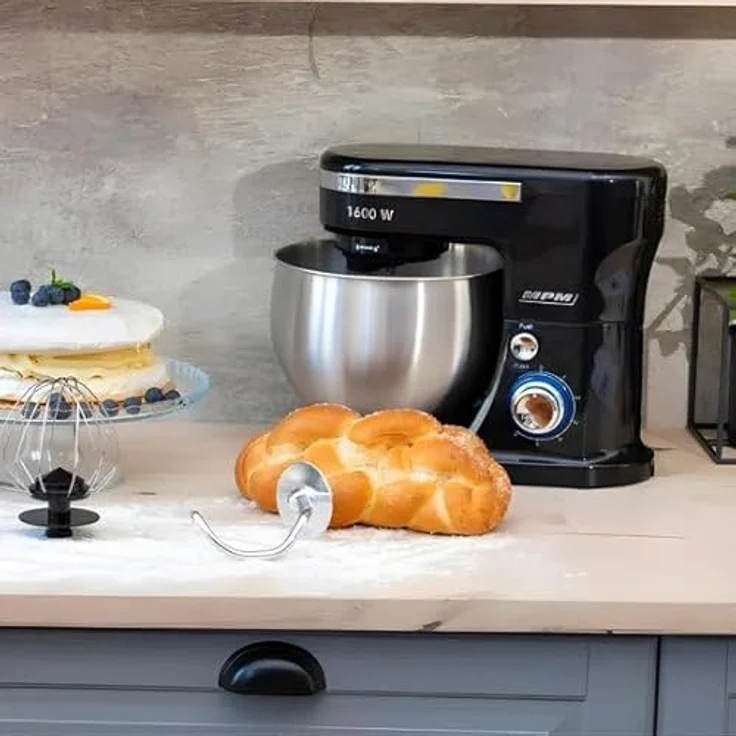 MPM MRK-21 Küchenmaschine 1600W - Knetmaschine mit 5L Edelstahlbehälter & 4L Kunststoffschüssel - Küchenroboter mit 3 Rührbesen, 6 Geschwindigkeiten, Schwarz – Bild 2