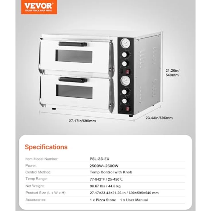 VEVOR elektrischer Pizzaofen PSL-36-EU, 2500 W mit Doppelkammer, Temperaturregelung bis 450 °C für 457 mm Pizza – Bild 7
