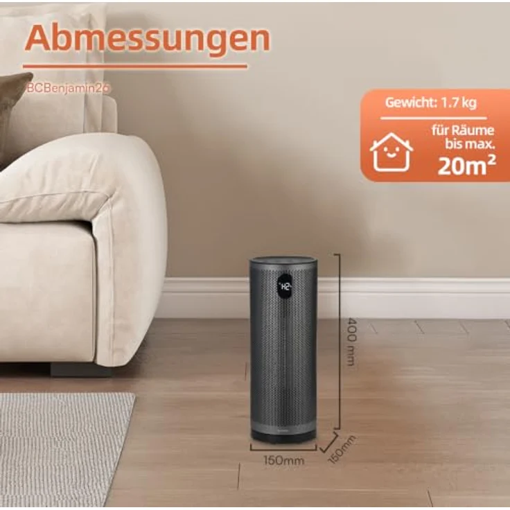BE COOL Digitaler Stand-Heizlüfter "Benjamin" BCBenjamin26, 2000W mit Fernbedienung, 3 Heizstufen, ECO-Modus, integrierter Staubfilter – Bild 7