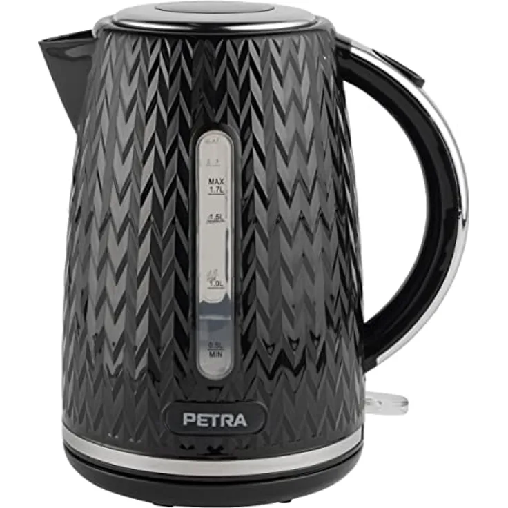 Petra PT3864BLKVDEEU10 Chevron Elektrischer Wasserkocher, 1,7 l Kapazität, Trockengehschutz und Abschaltautomatik, leicht ablesbare Wasserstandsanzeige, Kalkfilter, 360°-Drehsockel, 2200 W, schwarz