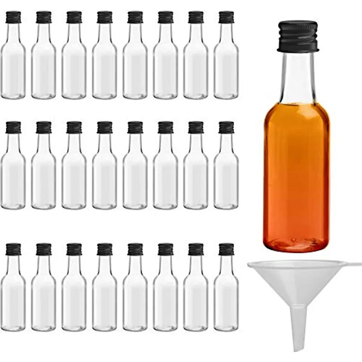 Belle Vous Mini Fläschchen Kunststoff Likörflaschen 24 Stk - 50ml, Plastik Wiederverwendbar, leere kleine Schnapsflaschen mit Schwarzem Deckel u. Trichter für Hochzeiten,Party, Kunst, Events