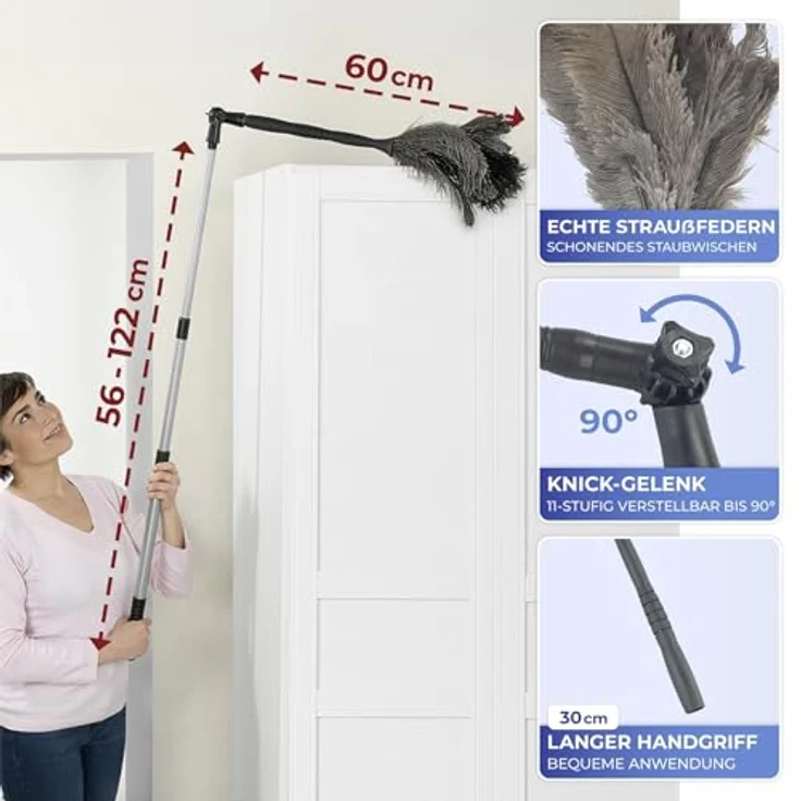 Maximex Straußenfeder Staubwedel mit Knickgelenk und Teleskopstiel, 56-122 cm, für empfindliche Oberflächen – Bild 4