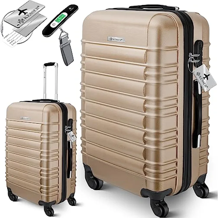 KESSER® Reisekoffer Mittlerer Hartschalen-Koffer Inkl. Kofferwaage + Gepäckanhänger Trolley Gepäck Rollkoffer Zahlenschloss 4 Rollen ABS-Hartschale Teleskopgriff (66x45x28cm / 84 Liter Champagne)
