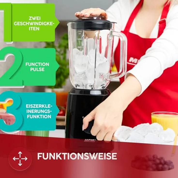 MPM Standmixer MBL-37, 1,5L Glasbehälter, 750W, Edelstahlmesser, Eiszerkleinerungsfunktion, zwei Geschwindigkeiten – Bild 4