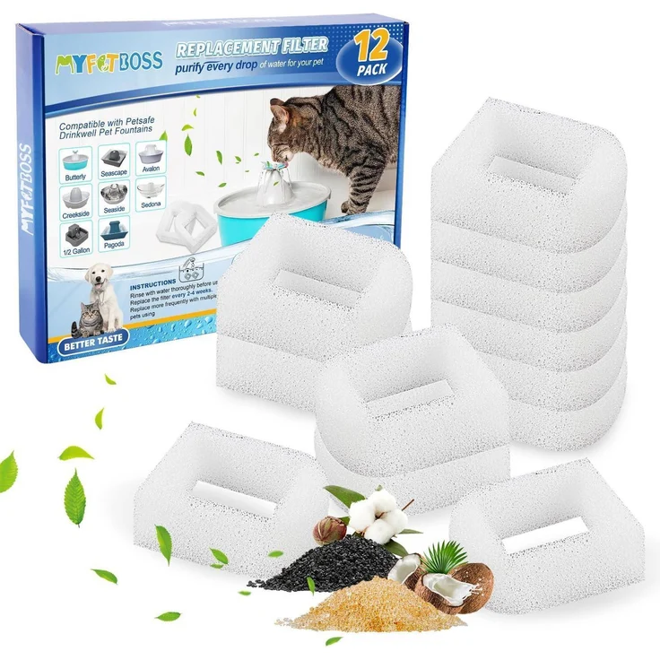 MyfatBOSS Schaumfilter 12 Stück für PetSafe Trinkbrunnen, kompatibel mit Avalon, Pagoda, Lotus, Sedona, Schmetterling - Effiziente Vorfiltration für sauberes Wasser, einfacher Wechsel ohne Werkzeug