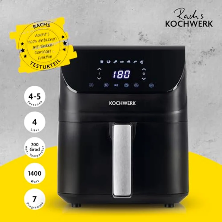 Rachs KOCHWERK Heißluftfritteuse 4L digitaler Airfryer mit Timer-Funktion, 1400,00 W, Die erste FRITTEUSE DER WELT mit SHAKE-REMINDER, Erinnerungsfunktion – Bild 2