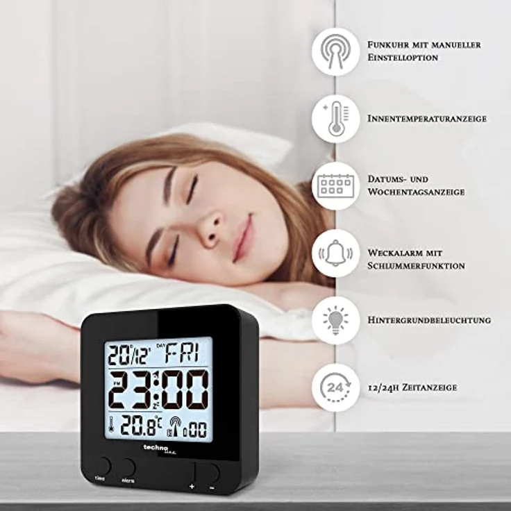 Technoline schwarz WT 235-Funkwecker mit Touchsensor, Plastik, 8 x 2.5 x 8 cm – Bild 2