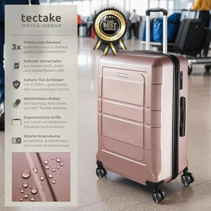 tectake® Kofferset 3 teilig, Koffer & Trolleys, Hartschalenkoffer mit TSA Schloss, Rollkoffer - roségold – Bild 2
