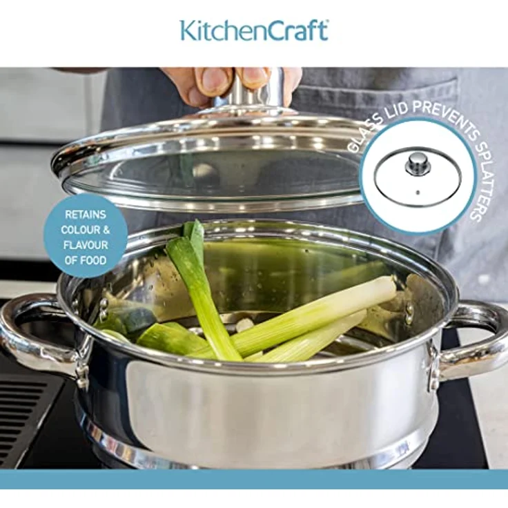 KitchenCraft Universaleinsatz Dampfgarer mit Deckel, Universal Dämpfer mit Glasdeckel, Passt auf fast jede Pfanne und Kochtopf, Silber Edelstahl, Durchmesser 16, 18 und 20 cm, – Bild 5