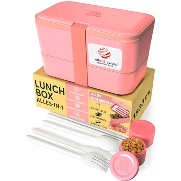 UMAMI Bento Lunchbox für Erwachsene mit Besteck, 2 Saucenbehältern, 2 Fächern, auslaufsicher, Meal Prep, ideal für Salat und Snacks – Bild 1