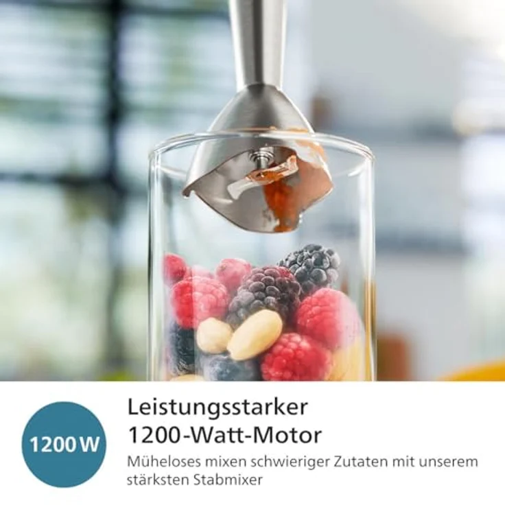 Versuni Philips 5000-Serie Stabmixer - 1200W Leistung. ProMix-Technologie. LED-Geschwindigkeitsanzeiger. Stufenlose Geschwindigkeitseinstellung. Kompaktes Design. Leicht zu reinigen. Schwarz – Bild 3