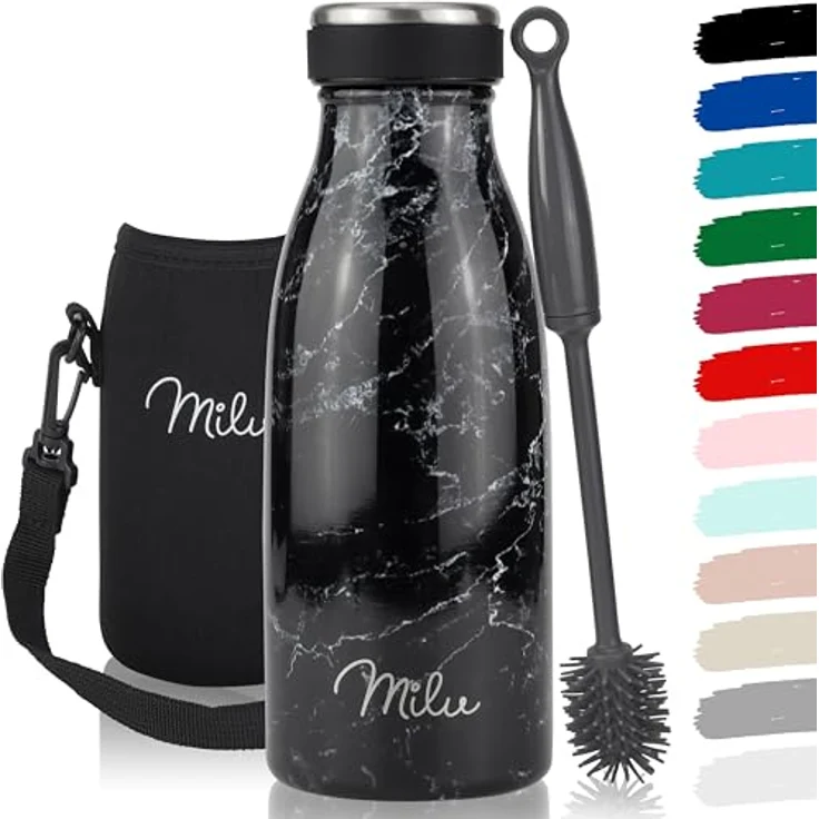 Milu Edelstahl Trinkflasche 350ml – Isolierflasche auslaufsicher, geeignet für kohlensäurehaltige Getränke, inkl. Reinigungsbürste (Granit) – Bild 1