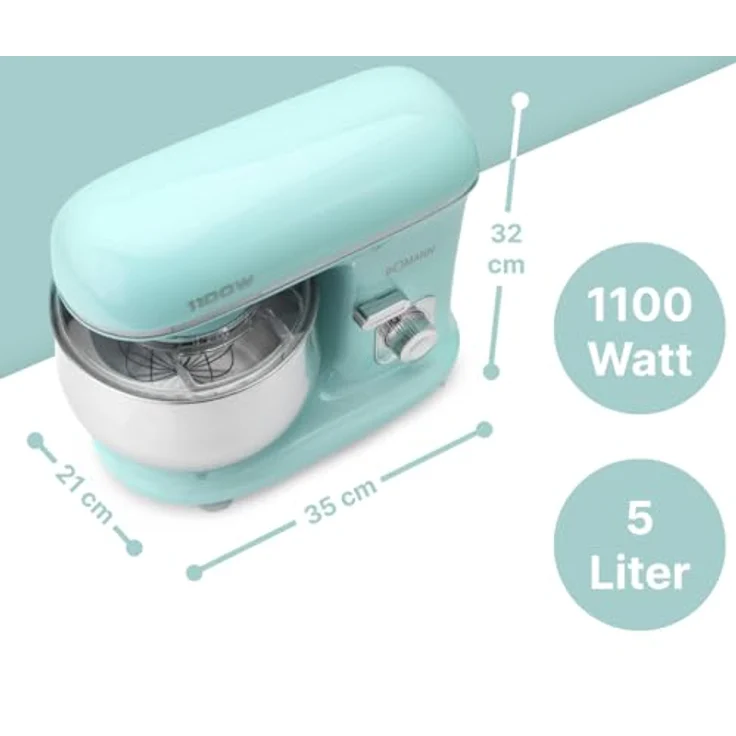 Bomann KM 6030 CB Knetmaschine inkl. transparentem Spritzschutzdeckel mit Nachfüllöffnung, 1100 Watt, 5 Liter, schwenkbarer Multifunktionsarm, Mint – Bild 4