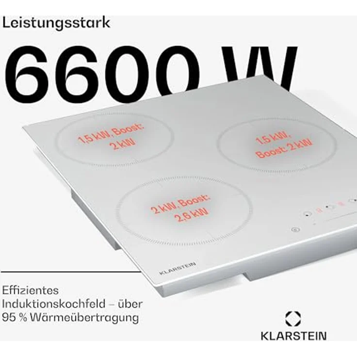 Klarstein Delicatessa Induktionskochfeld - 3-Zonen Einbau-Induktionskochplatte, 6600W mit Boostern, Slider Touch Control, Timer & Kindersicherung, Weiß, Kompaktes 45cm Design – Bild 3
