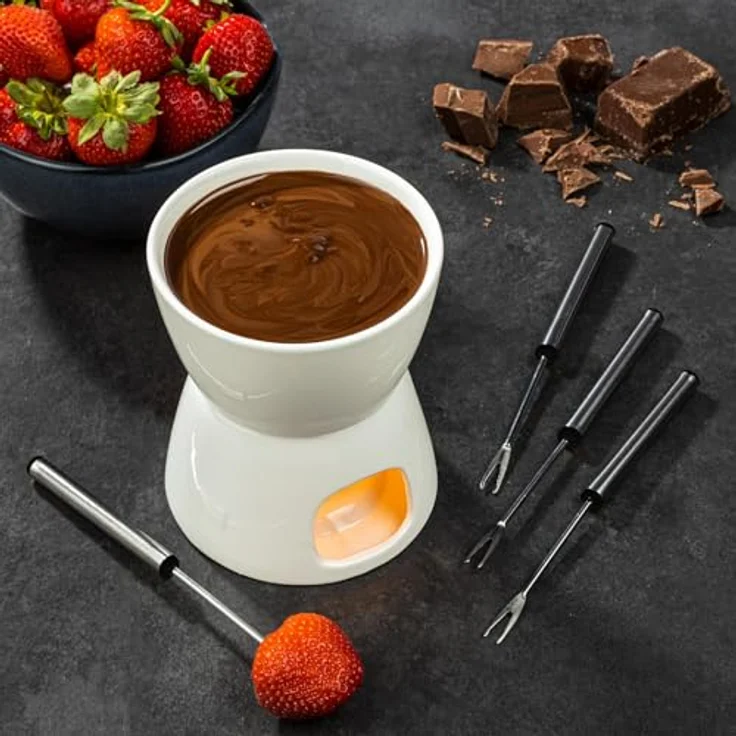 Bambelaa! Schokoladen Fondue Set, 4 Gabeln, Porzellan, weiß, für Schokolade und Schmelzkäse – Bild 4