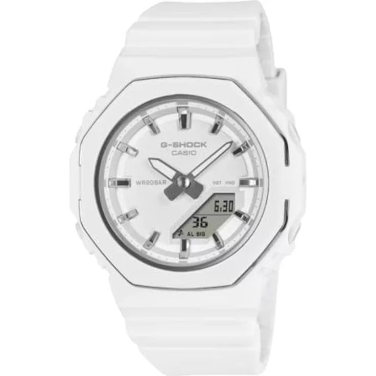 Casio GMA-P2110, Damen-Armbanduhr analog/digital, Quarz, weiß, 20 bar wasserfest, 40 mm Gehäuse, mit Stoppuhr und Alarm