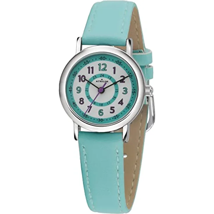 Atrium A31-106 Kinder-Armbanduhr Mädchen, Analog Quarz, 5 Bar wasserdicht, Metallgehäuse, Hellblau, Lederimitatband