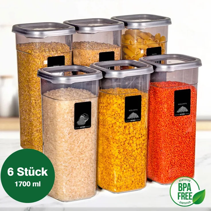 Jungengel 6er Set große Vorratsdosen, quadratische Lebensmittelbehälter, 1,7 L, anthrazit, BPA-frei, stapelbar