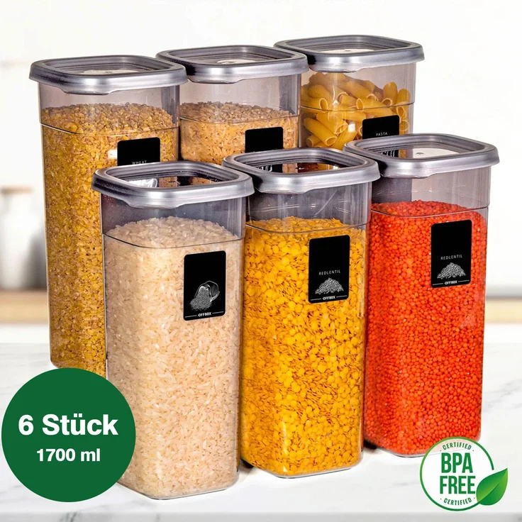 Jungengel 6er Set große Vorratsdosen, quadratische Lebensmittelbehälter, 1,7 L, anthrazit, BPA-frei, stapelbar