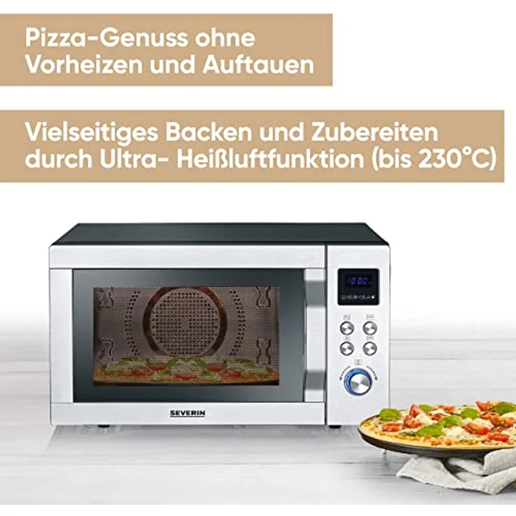 Severin MW 7778 4-in-1 Mikrowelle, 25 Liter Garraum, 900 Watt, Grillfunktion, Heißluft 230°C, Pizzafunktion, Auftauen, 11 Programme, silber – Bild 3
