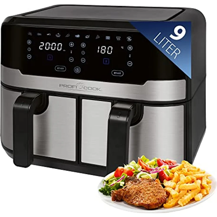 ProfiCook® Doppel-Heißluftfritteuse 9 Liter, XXL Heißluftfritteuse Doppelkammer, Frittieren mit heißer Luft ohne zusätzliches Öl, 9 Programme, Air Fryer mit Touchscreen, PC-FR 1242 H, 2400W – Bild 1