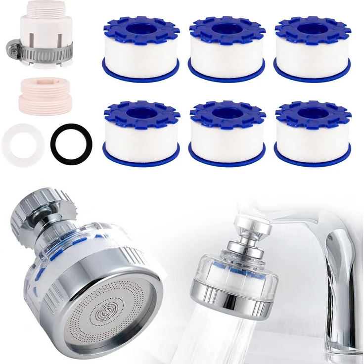 Bahan Alamy Wasserhahnfilter drehbar mit 6 Ersatz-Filtern, Universaladapter, ABS/PP-Baumwolle, 360° Rotation