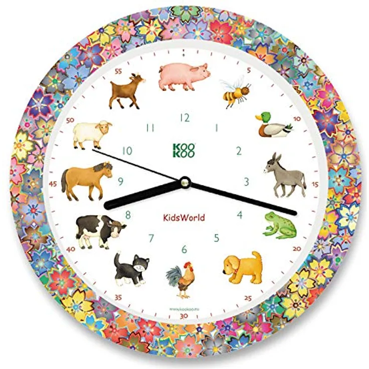 KOOKOO KidsWorld Garden Love, Bauernhofuhr mit 12 echten Tierstimmen vom Land, Quarzwerk, Mehrfarbig, 34cm